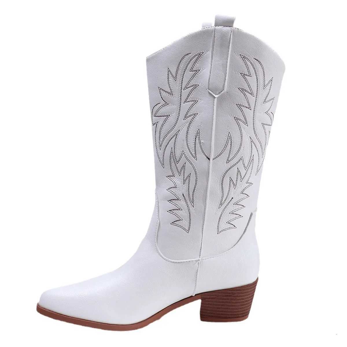 Womens Western Cowboy Knight Boots Large Size Long Tube Pointed Toe Square Heel Retro Style Winter Rubber Sole Shoes W251024