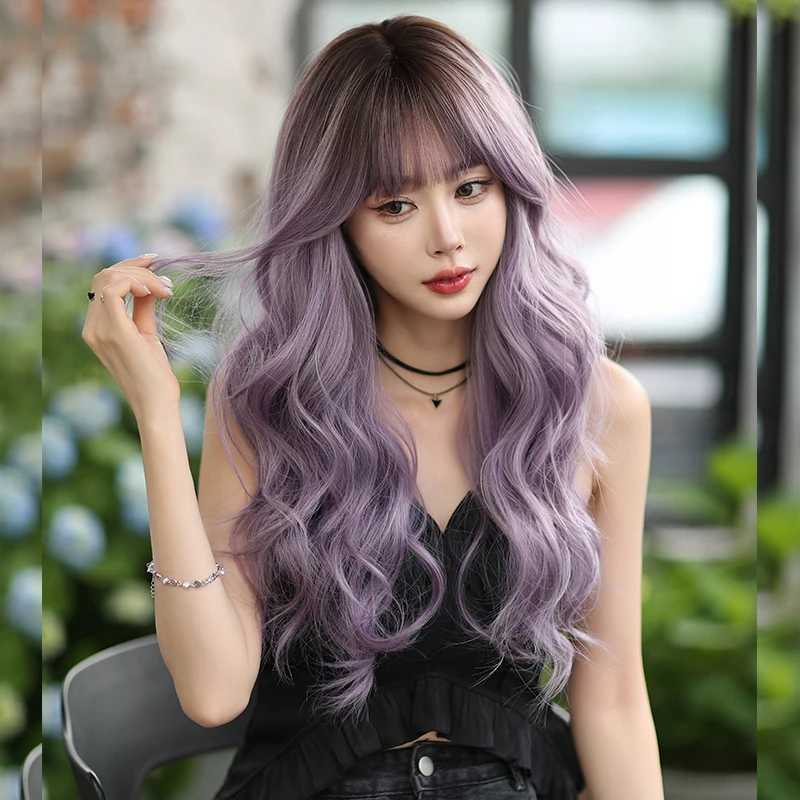 NAMM Long Wavy With Bangs Part Ash Ombre Wig for Women Daily Party High Density Layered Body Wavy Hair Wigs W251023