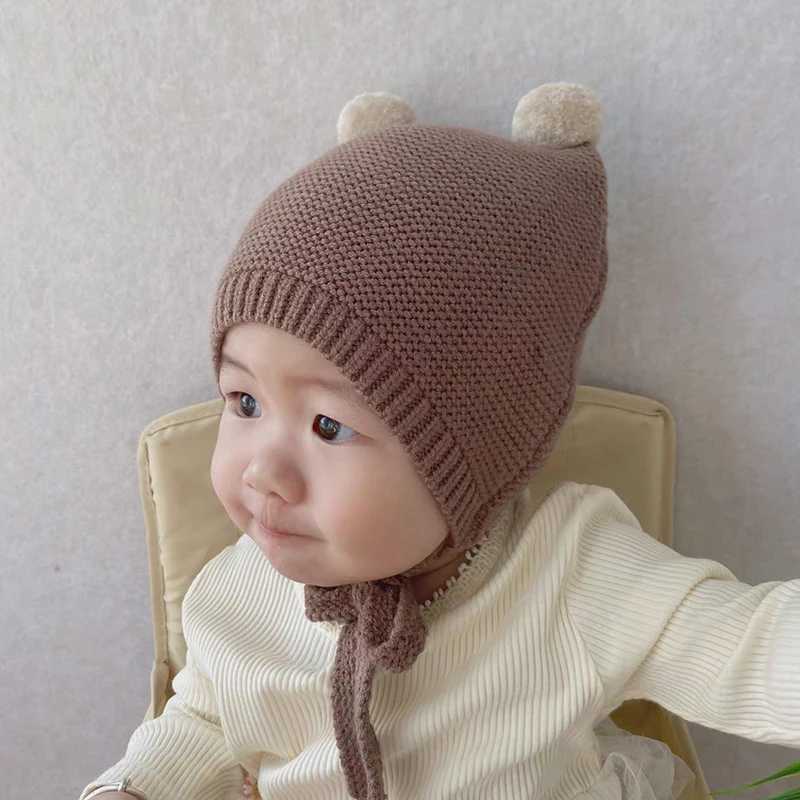 Pompom Baby Beanie Infant Autumn Winter Warm Crochet Bonnet Toddler Ear Protection Pullover Cap Children Solid Color Knitted HatL251024