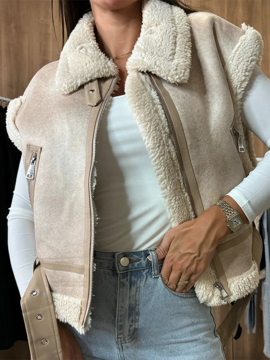 Women Leather Sherpa Vest Fur Collar Sleeveless Zipper Faux Suede Shearling Vest Biker Moto Jacket Winter Warm Outerwear 251018