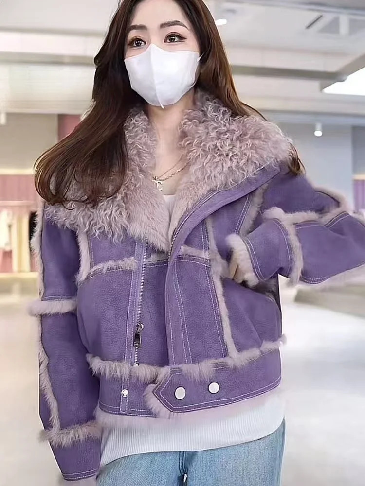 2024 Autumn Short Style Fur Women Sheepskin Jacket Tanned Suede Fabric With 100Natural Rabbit Lining Fashion Coat 251018