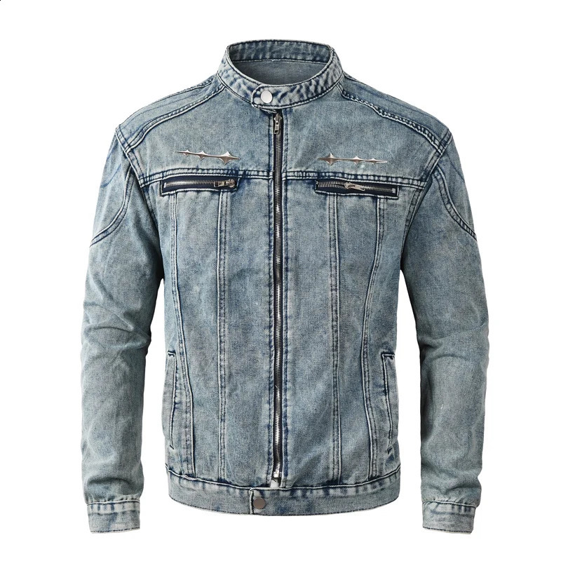 High Street Fashion Men Jacket Retro Washed Blue Stand Collar Denim Bomber Coat Zipper Fly Chaquetas Hombre 251017