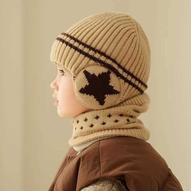 Kids Winter Hat Neck Warmer Set Plush FleeceLined Ear Flap Beanie with Star Pattern Warm Knit Baby CapL251024
