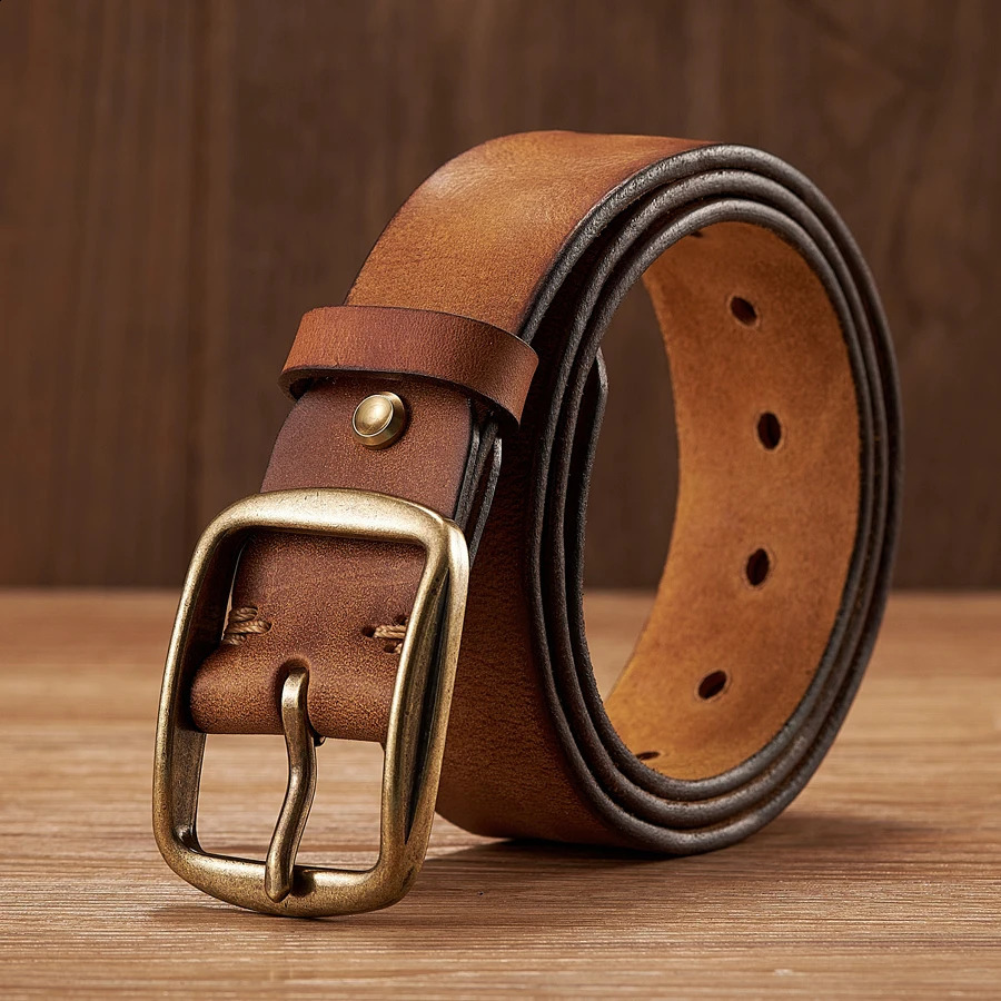 Thick Cowhide Copper Pin Buckle Real Genuine Leather Belt For Jeans Fashion Casual Belt Men Waistband Retro Male Strap 251013