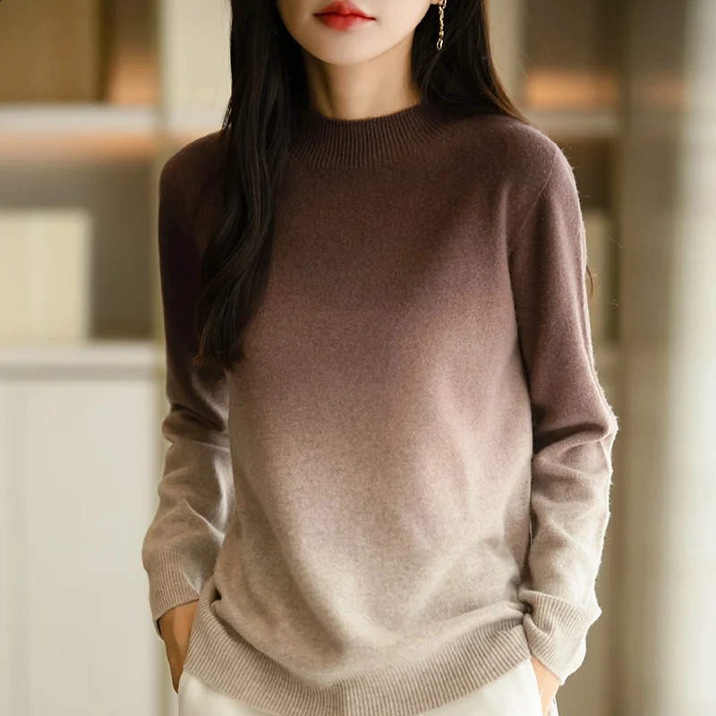 Women Fine Wool Thickening Sweater Outwear Gradient Mock Collar Pullover Autumn Winter Bottoming Casual Warm Knitting Tops 251023