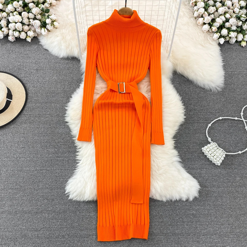 YuooMuoo Ins Turtleneck Sexy Wrap Hips Knitted Dresses Women 2025 Autumn Winter Long Sleeve Bodycon Sweater Dress with Belt 251023