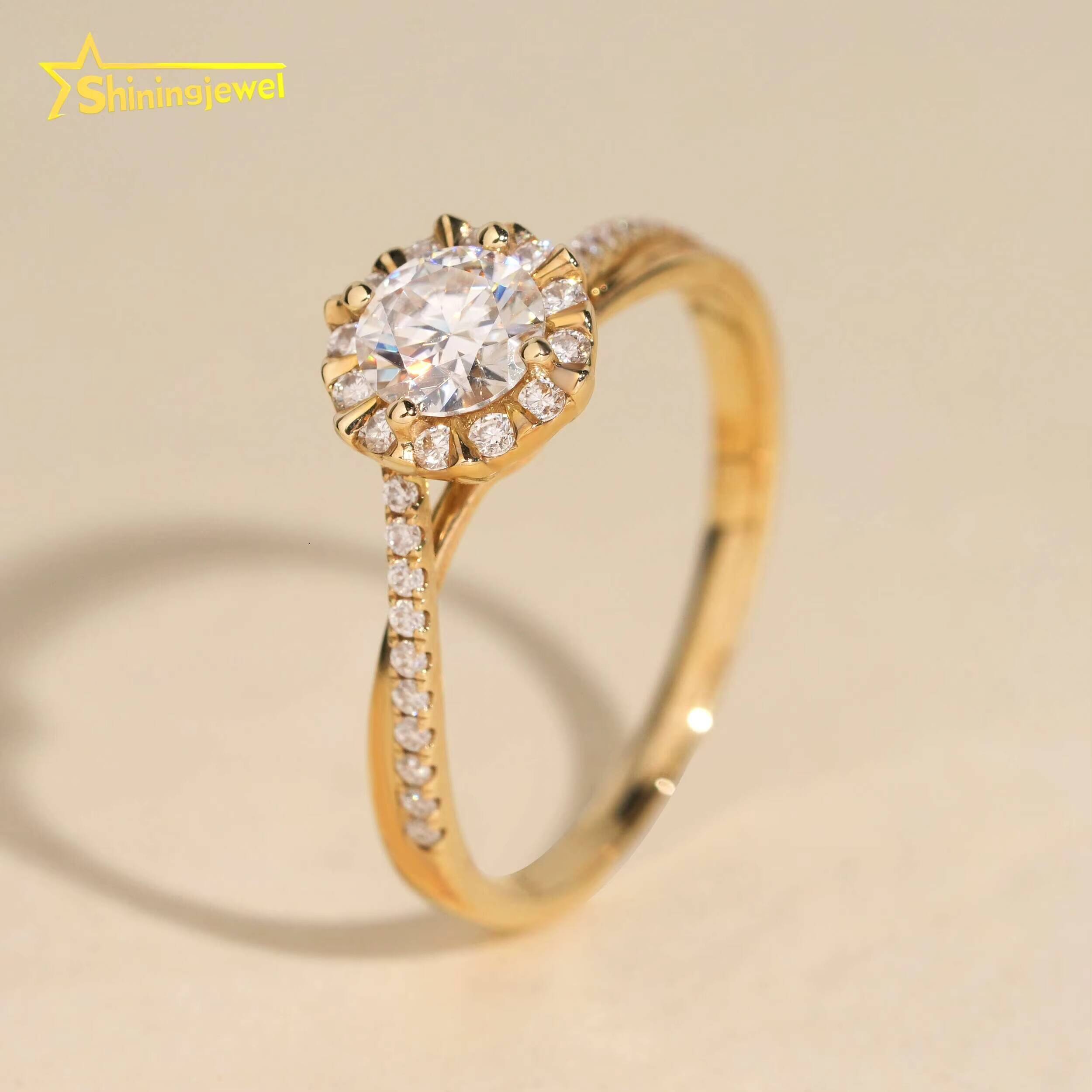 14K Solid Gold Halo Ring Round Cut Moissanite Engagement Rings for Women Pass Diamond Tester