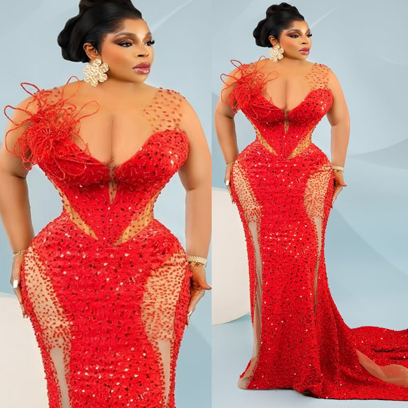 2026 Plus Size Red Aso Ebi Prom Dress Mermaid Prom Dresses Evening Formal Gowns Sheer Neck Crystals Beaded Lace Birthday Second Reception Gown For Bla