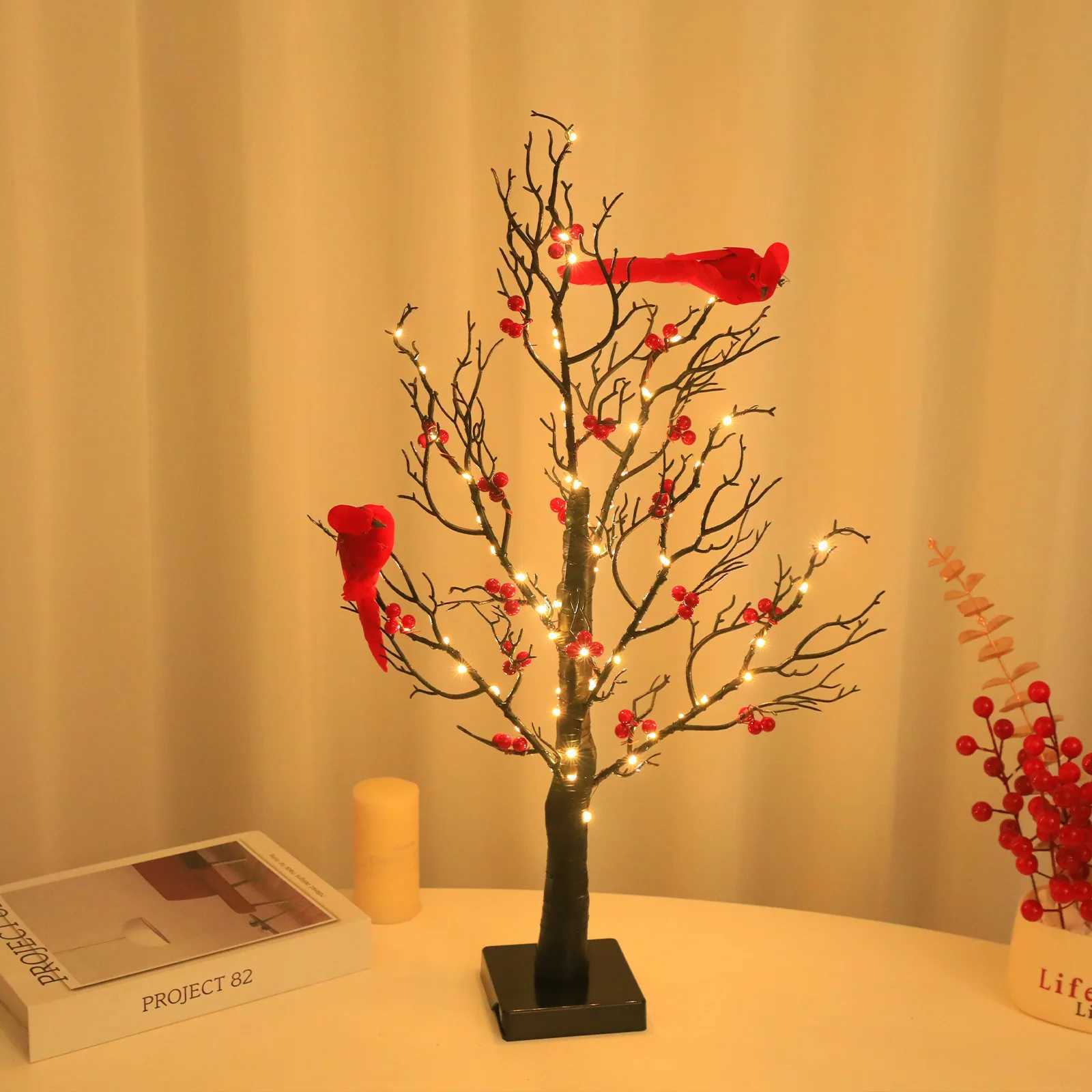 Table Tree Night Light Battery Powered Touch Mini Artificial Red Fruits Tree Light LED Desktop Christmas Halloween Decoration C2511151
