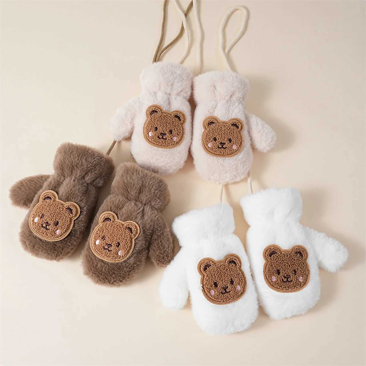 Winter Kids Plush Gloves With Hanging Neck Rope Cute Bear Mittens Soft Faux Fur Fingerless Glove 25Year Children Hand Warmer Y251024