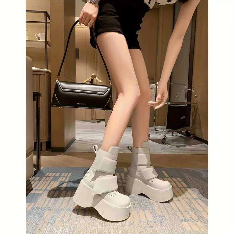 Womens black thicksoled platform ankle boots round toe slipresistant high heels with adjustable straps and soles W251024