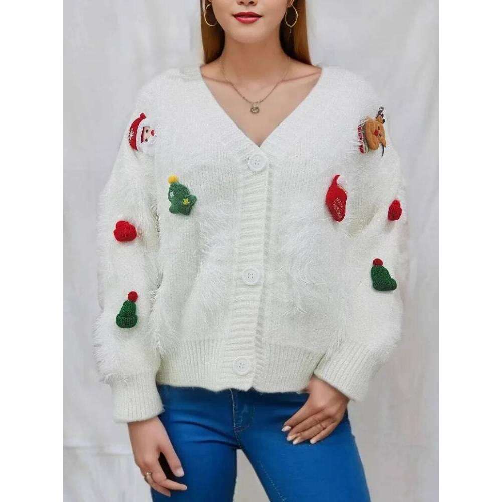 Autumn Winter New Christmas V-Neck Sweater Fashionable Elegant Loose Fitting Single Breasted Cardigan Jacket For Women