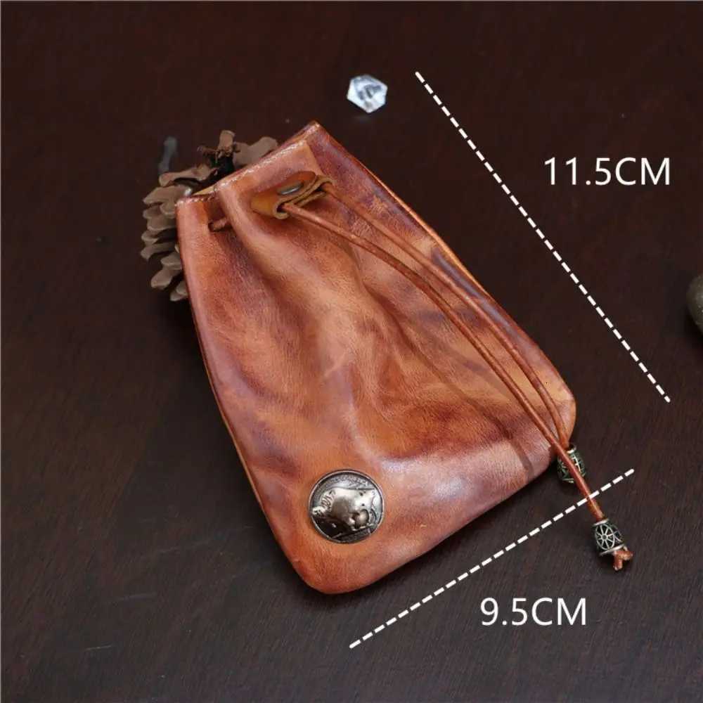 Solid Color Retro Genuine Leather Coin Purse Pouch Drawstring Wallets Car Key Bag Men Women Simple Hanging Bag Waist Purse Z251023