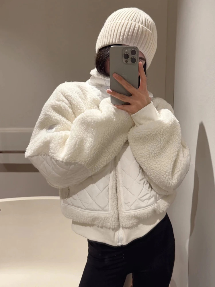 Lamb Wool Spliced Short Jacket Autumn Thickened Warm Women Casual Stand Up Collar Zipper Winter 251021