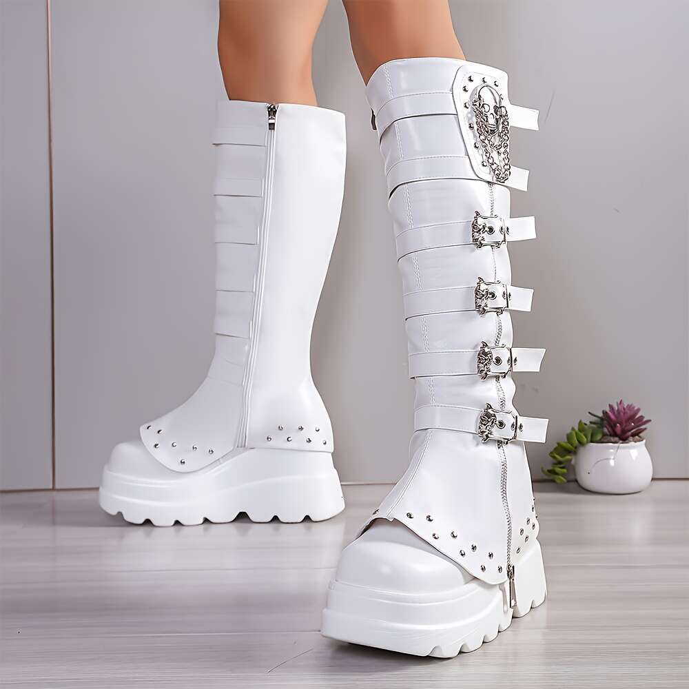 Women's Punk Boots With Thick Platform Wedge Heel Knee-High Mid-Calf Boots, Zipper Closure, PU Cover For Concerts, Halloween, Everyday Gothic Out