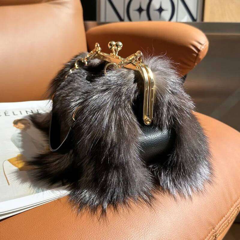 Real Winter Fashion Crossbody Fur Handbag Plush Chain Shoulder For Women Natural Sier Fox Bag