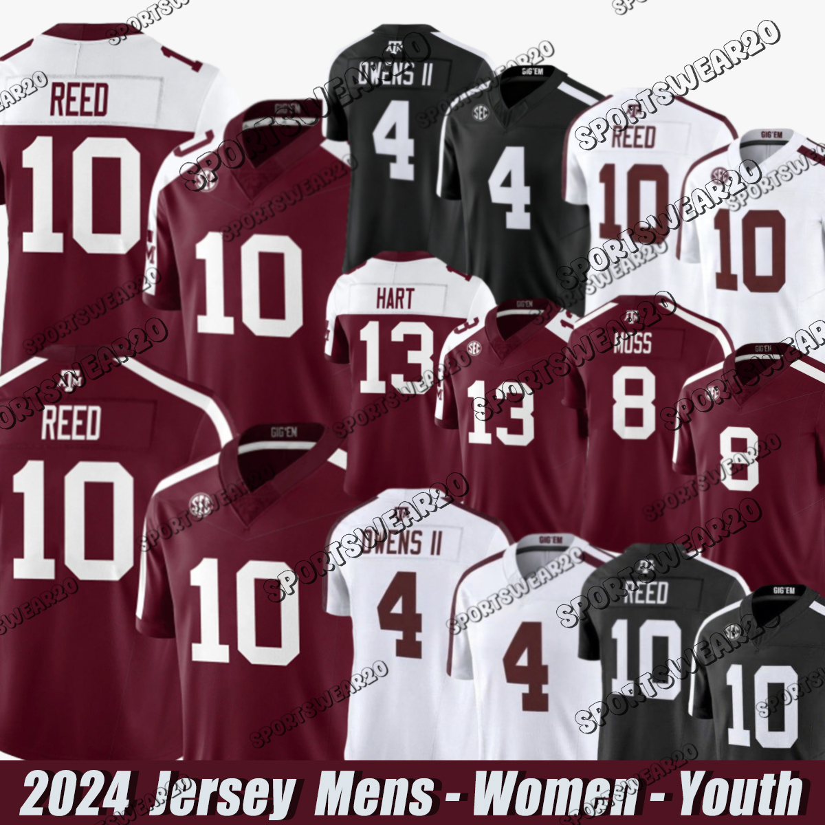 #10 Marcel Reed TexasA&M Aggies jersey #1 Mario Craver #4 Rueben Owens II #21 Taurean York #0 Scooby Williams #8 Le'Veon Moss #7 KC Concepcion #16 Miles O'Neill Football Jerseys