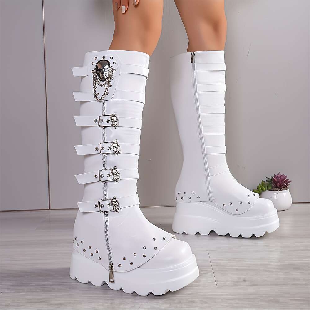 Women's Punk Boots With Thick Platform Wedge Heel Knee-High Mid-Calf Boots, Zipper Closure, PU Cover For Concerts, Halloween, Everyday Gothic Out