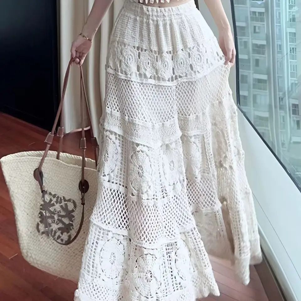 2025 Crochet Long Semi Skirt Women Lace Version of Gentle Heavy Industry Retro Hollow Elastic Knitted Ashaped 251013