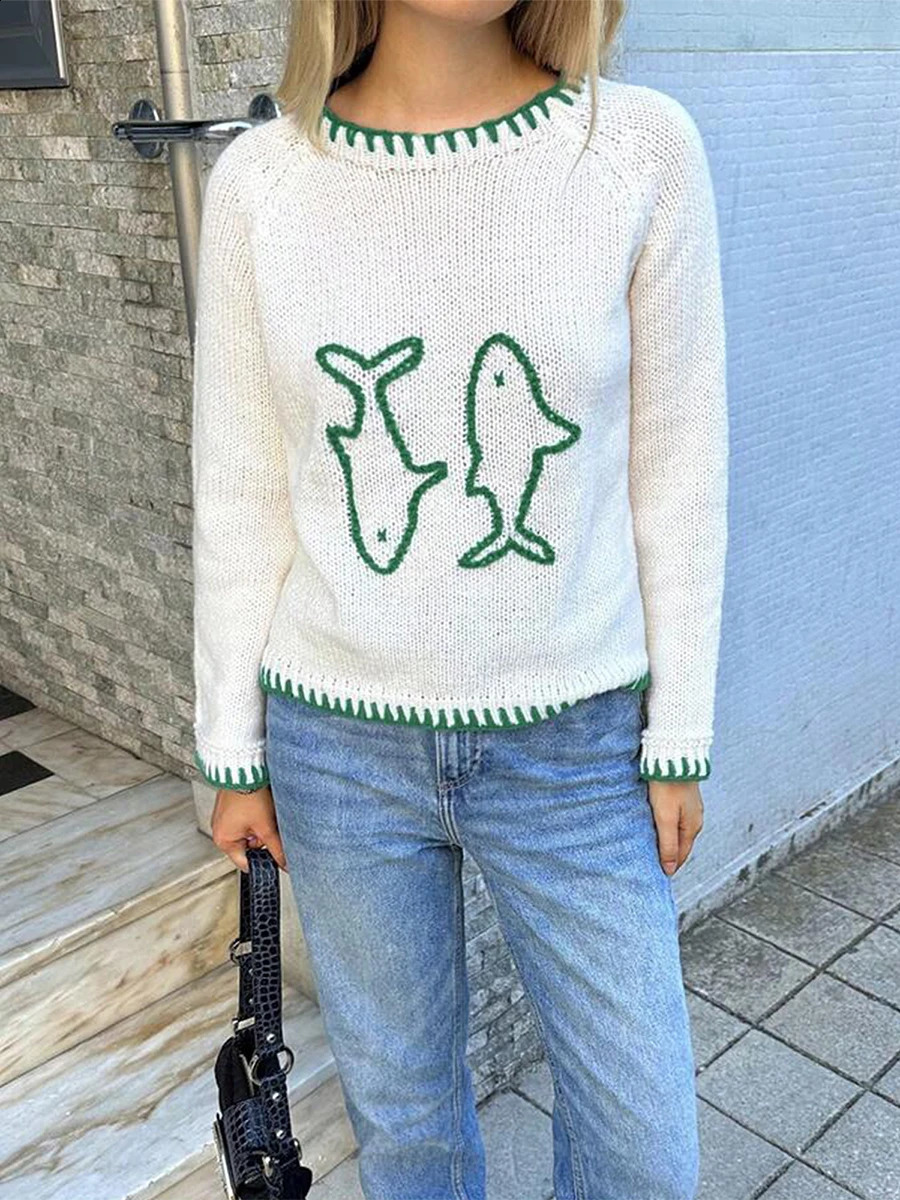Maemukilabe Autumn Loose Knitted Sweater Fish Animal Pattern Long Sleeve Round Neck Pullover Jumpers Y2K Aesthetic Knitwear Tops 251023