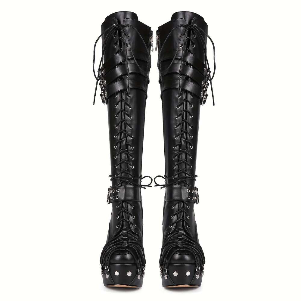 Women's Chunky Knee-High With Adjustable Buckle Straps Tie Rope, Toe, Zipper Closure Faux Cover Upper, Rubber Sole, Plush Lining All-Day Comfort 