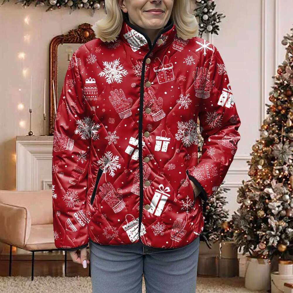 Fashion Christmas Print Cotton Padded Jackets For Women 2026 Autumn Winter Warm Fleece Coat Long Sleeve Button Quilted Jacket