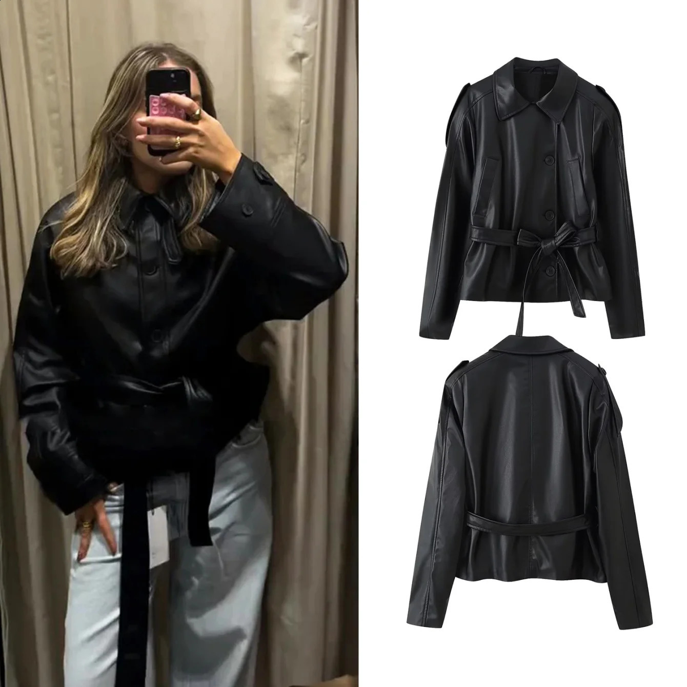 Woman Autumn Faux leather Jacket Solid TurnDown Collar Long Sleeves Pocket Belt SingleBreasted Female Streetweer Coats 251020