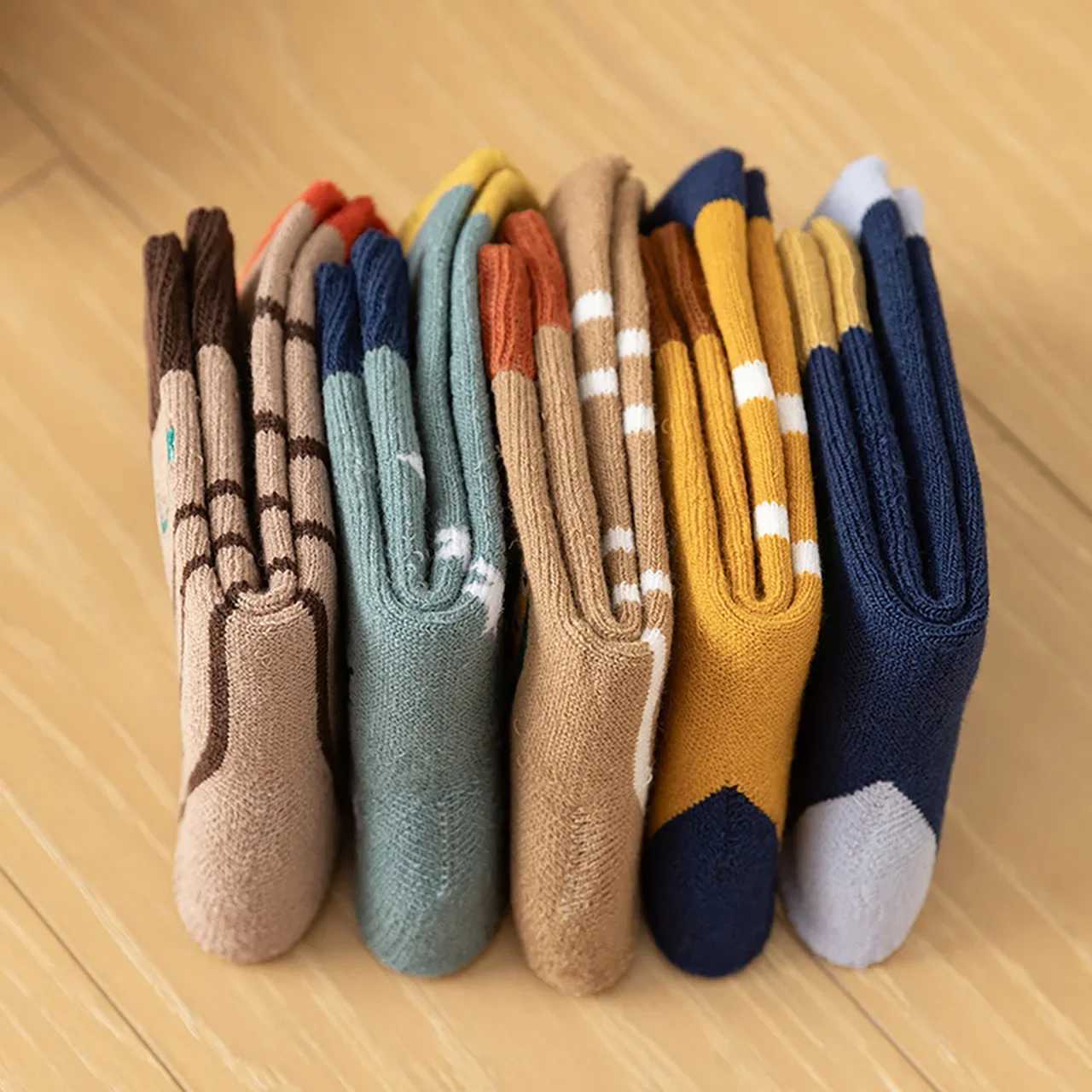 5PairsSet Cartoon Baby Boy Socks Winter Thick Warm Terry Sock Cute Striped Print Children Mid Tube Socks J251024