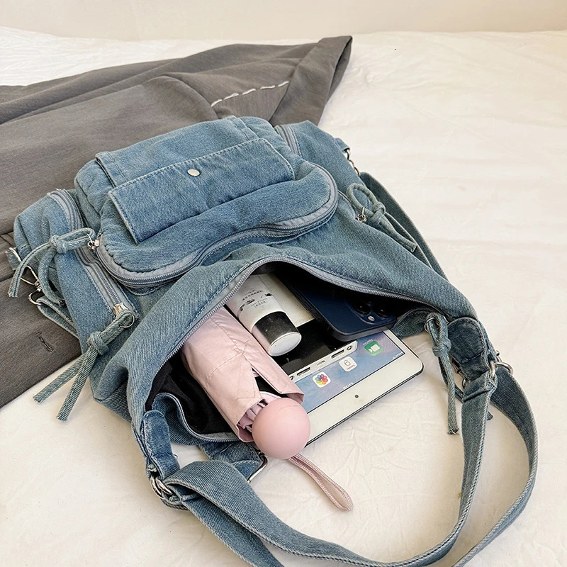 Solid Color Denim Trendy Shoulder Bag for 2025 High Quality Fashion Zipper Large Capacity Versatile Womens Crossbody Bag 251023