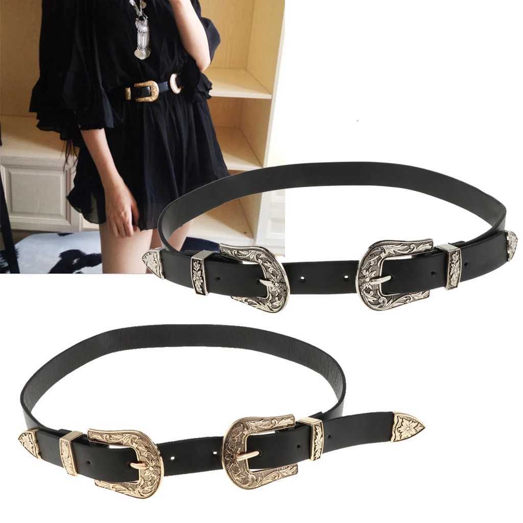 Womens Skinny Slim Retro Vintage Leather Double Buckle Belt Waist Strap for a Western Style Outfit or Casual Jean Belt W251024