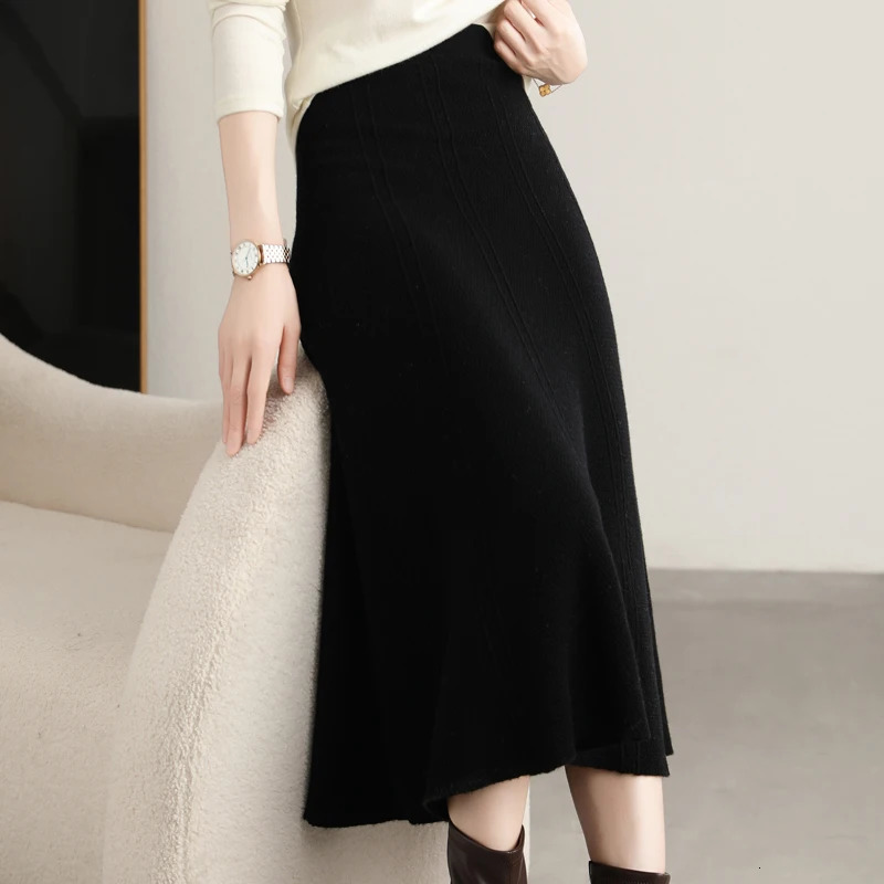 100 Pure Wool Knitted Skirt Womens Autumn And Winter MidLength High Waist Hip Long Slim Cashmere Umbrella 251017