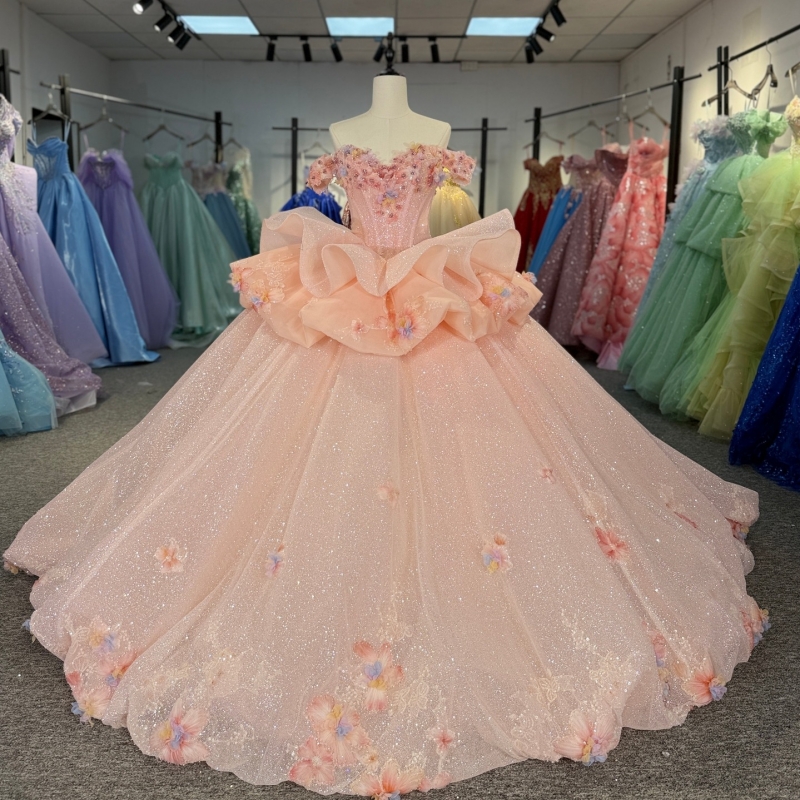 Pink Shiny Quinceanera Dresses Ball Gown Off The Shoulder Applique Flower Beading Crystal Corset Tull Party Birthday Sweet 16 Dress Vestidos 15 De Ano