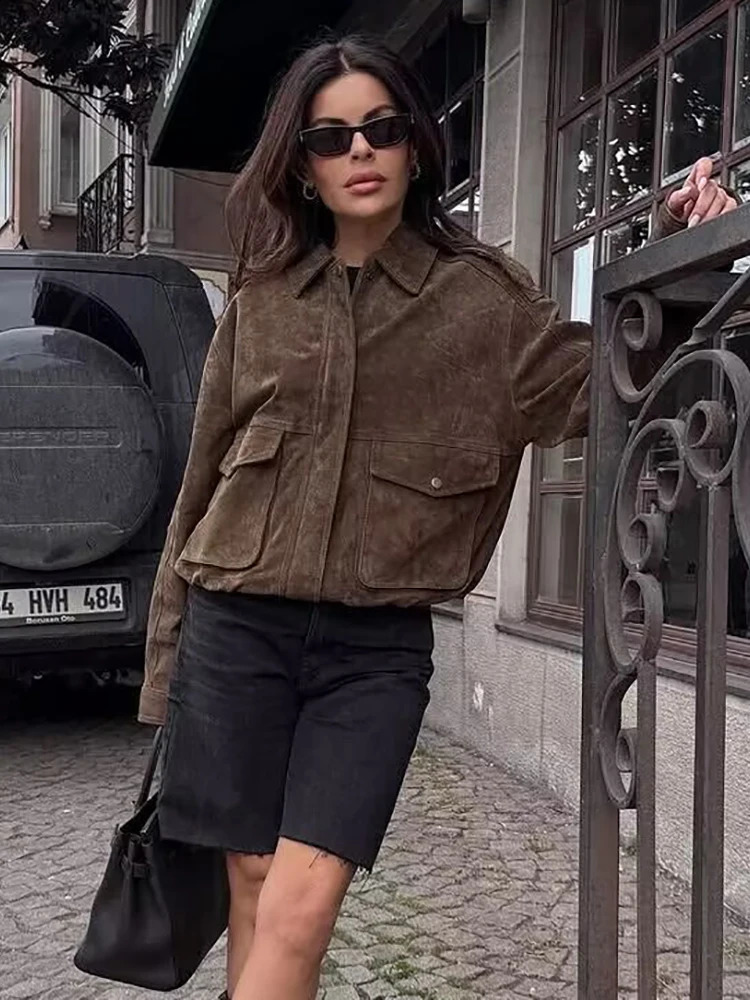 Yaphleet Women Elegant Suede Brown Bomber Jackets Fashion Ladies Casual Loose Outfits for Vintage Female Chic Clothes Cute 251020
