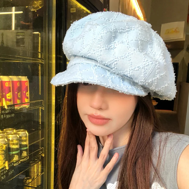 Korean Niche Solid Color Berets Caps for Women Summer and Autumn Rough Edge Plaid Versatile Retro Octagonal Hats 251023