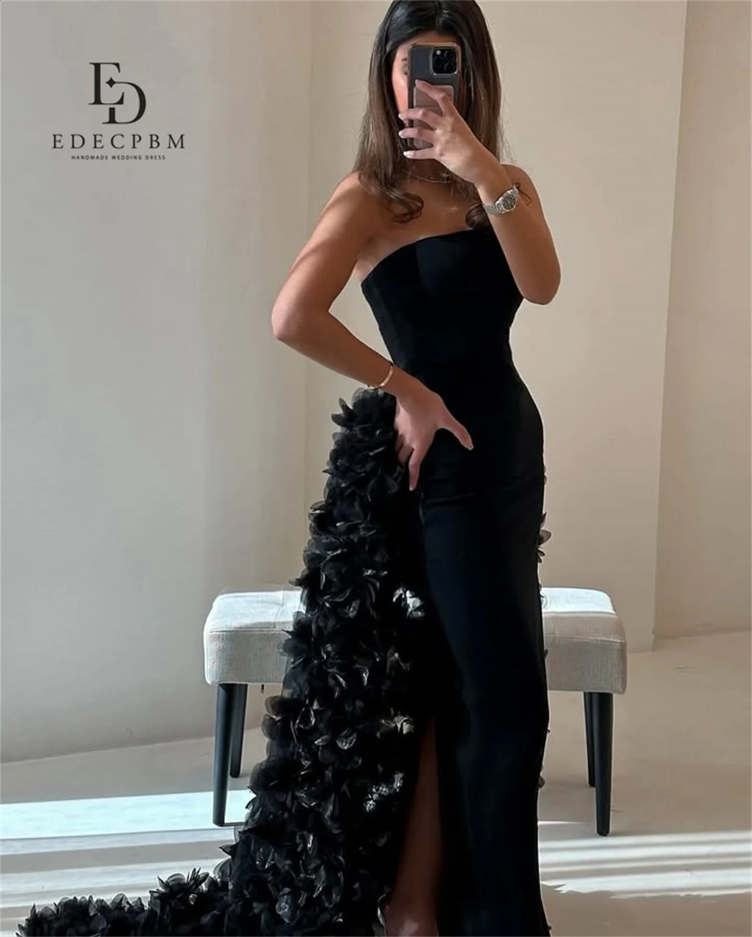 EDECPBM Saudi African Mermaid Dress Women Party Black 3D Flowers Tail Dress With Feathers Customized Evening Wedding Prom Events 251023
