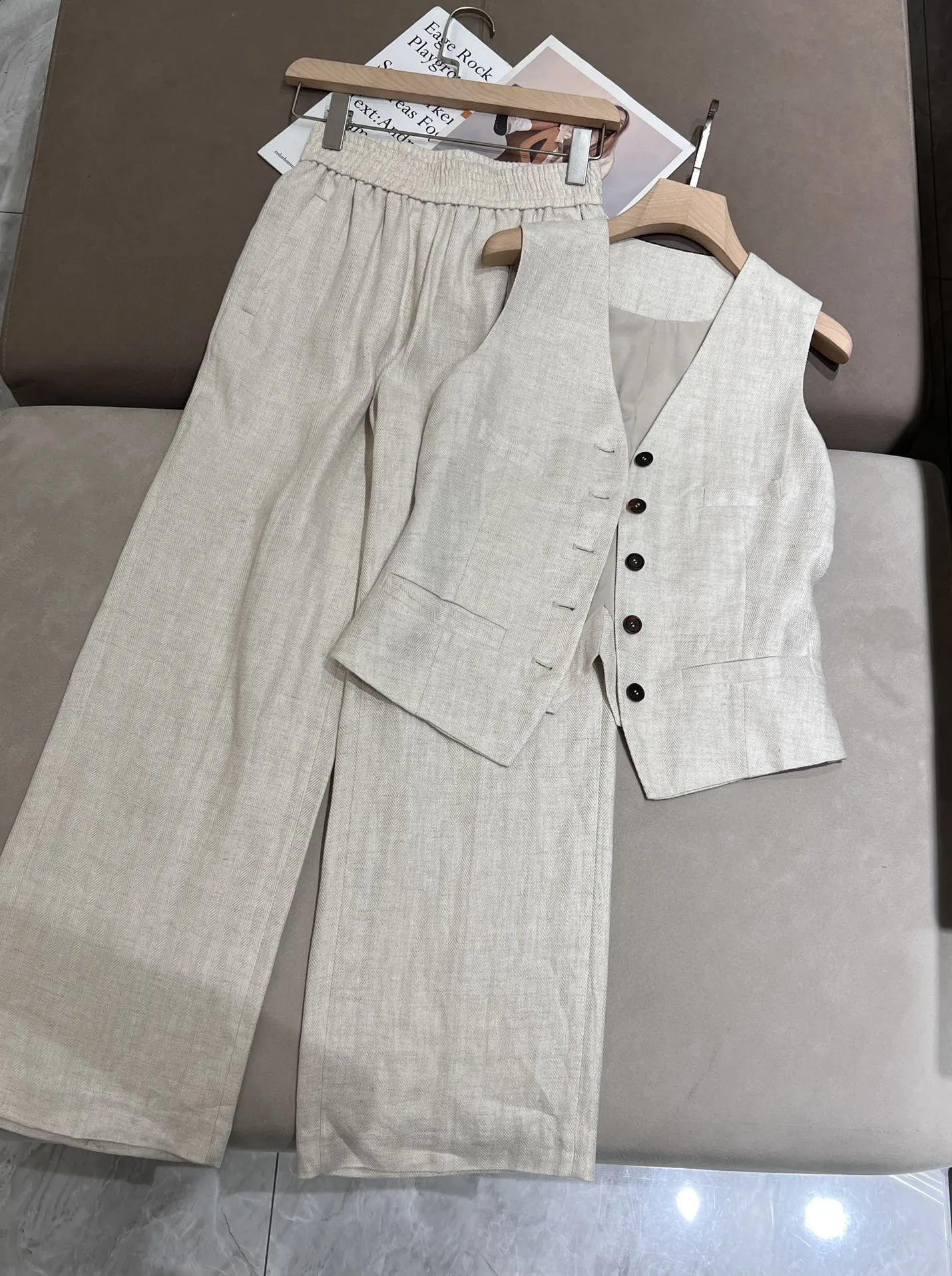 Womens Linen Sequins Blazer Jacket Suit Pants Blazer Vest Short Jacket Set 251023