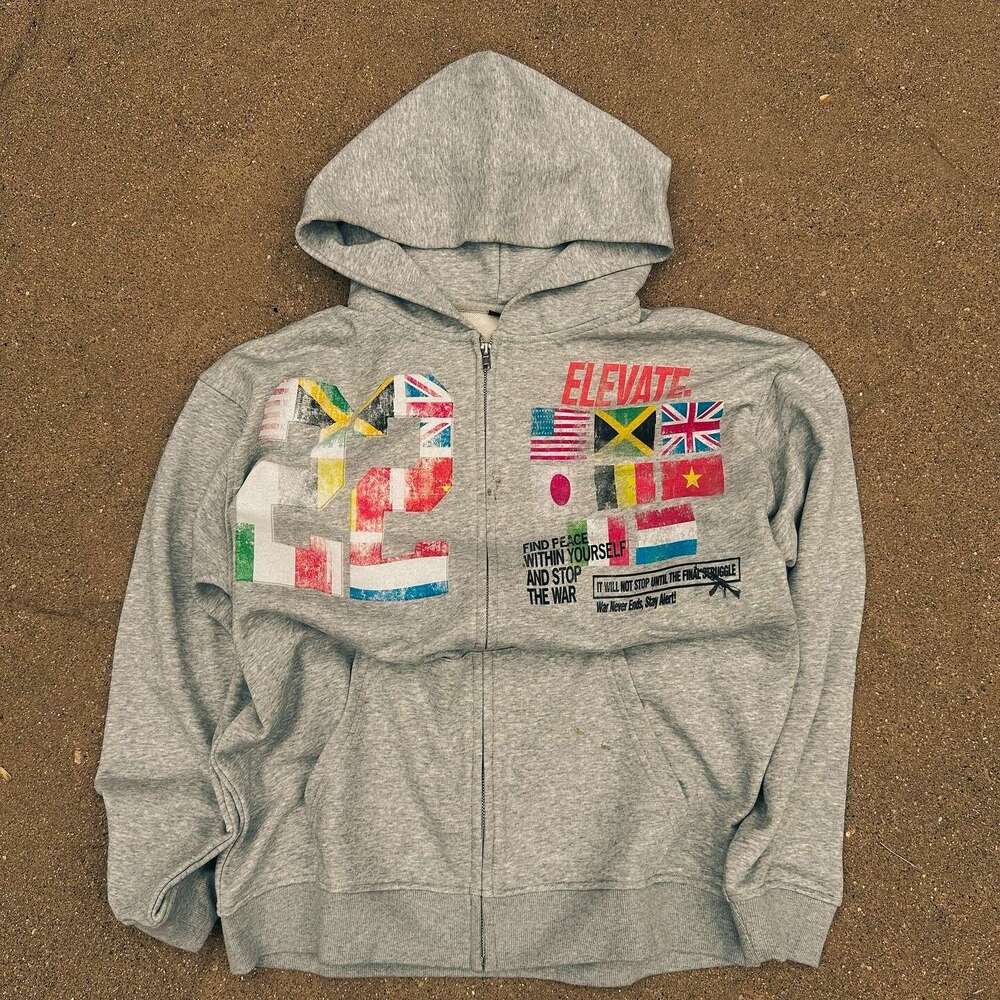 Ins Personality Printed Zipper Sweatshirt Long Sleeve Pullover Hoodie Jacket Street Fashion Y2K