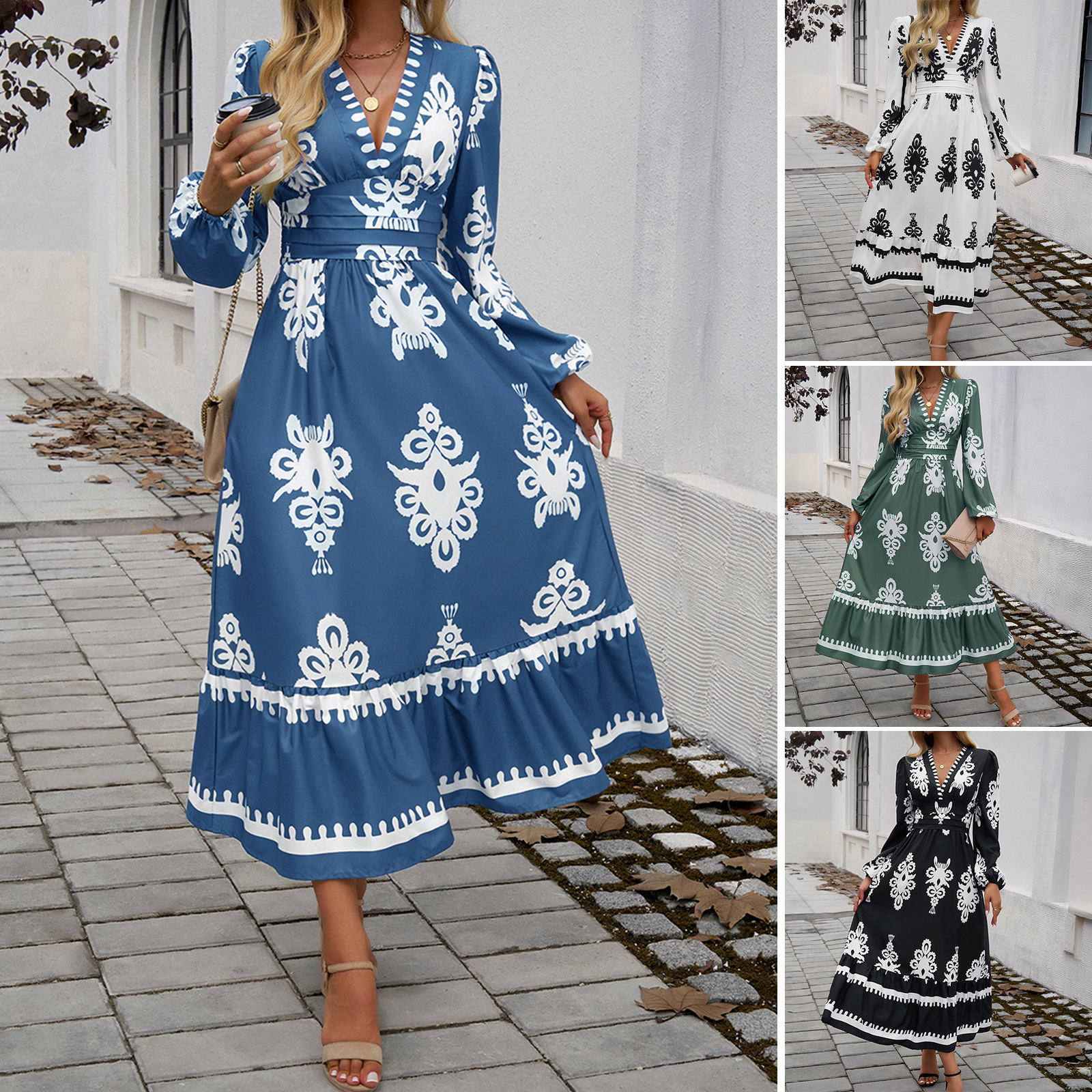 Autumn and winter new European and American designer foreign trade dress women's elegant printed V-neck A-line dress