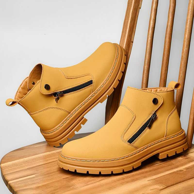Genuine Leather Mens Chelsea Boots Side Zipper Man Business Shoes Fashion Men Ankle Boots Winter Plush Snow Botas High Top Shoes W251024