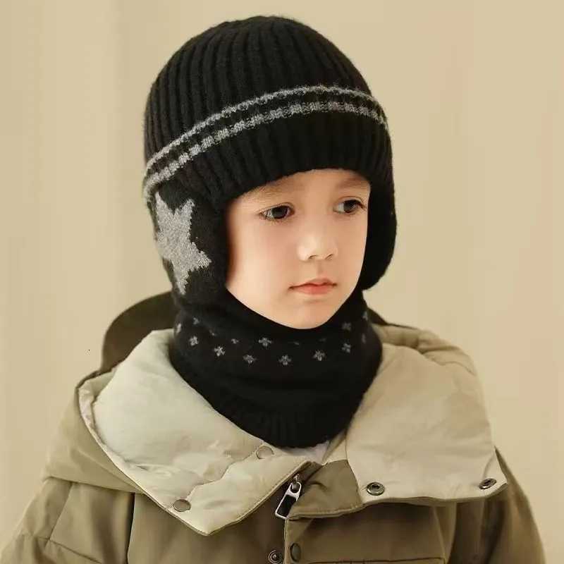 Kids Winter Hat Neck Warmer Set Plush FleeceLined Ear Flap Beanie with Star Pattern Warm Knit Baby CapL251024