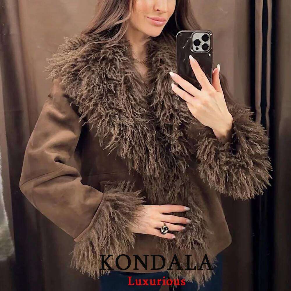 Vintage Chic Brown Faux Fur Jackets Long Sleeve V Neck Pockets Loose Fashion 2025 Autumn Winter Thick Warm Coats