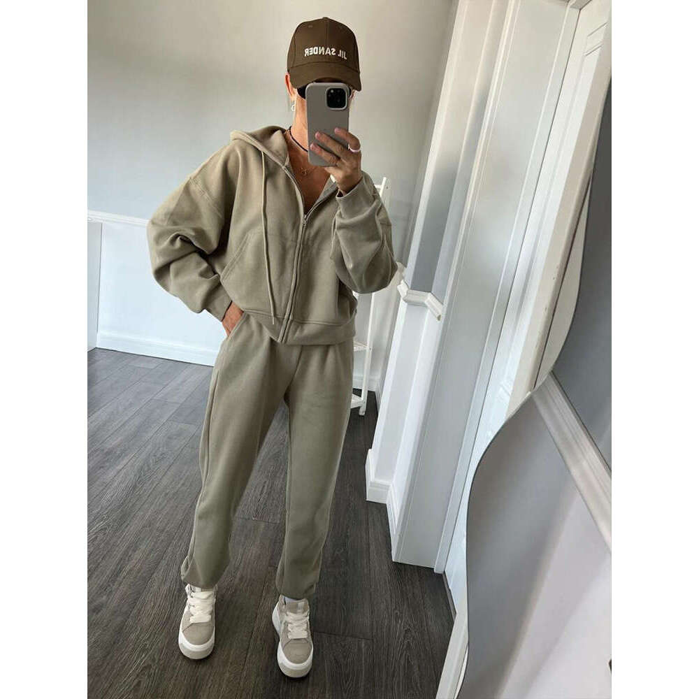 Casual Women's Solid Color Long Sleeve Zipper Hoodie Elastic Waistband Pants Two-Piece Set