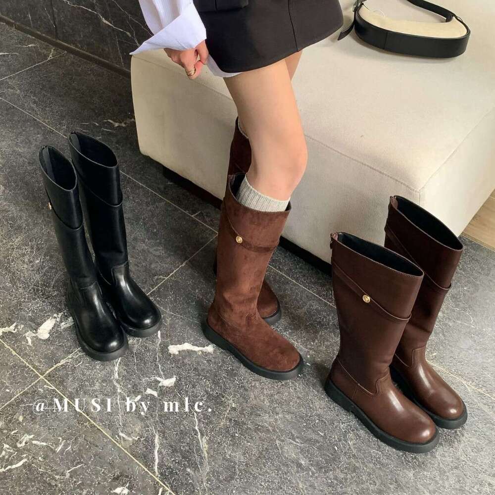 2025 Designer Shoe Autumn New Round Toe Chunky Heel Belt Buckle High Tube Slim Over-the-Knee Riding Boots for Women