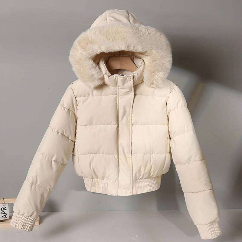 New Winter Warm Hooded Down Cotton Women Thickened Fleece Lining Big Fur Collar Long Sleeve Short Parkas Jacket Coat
