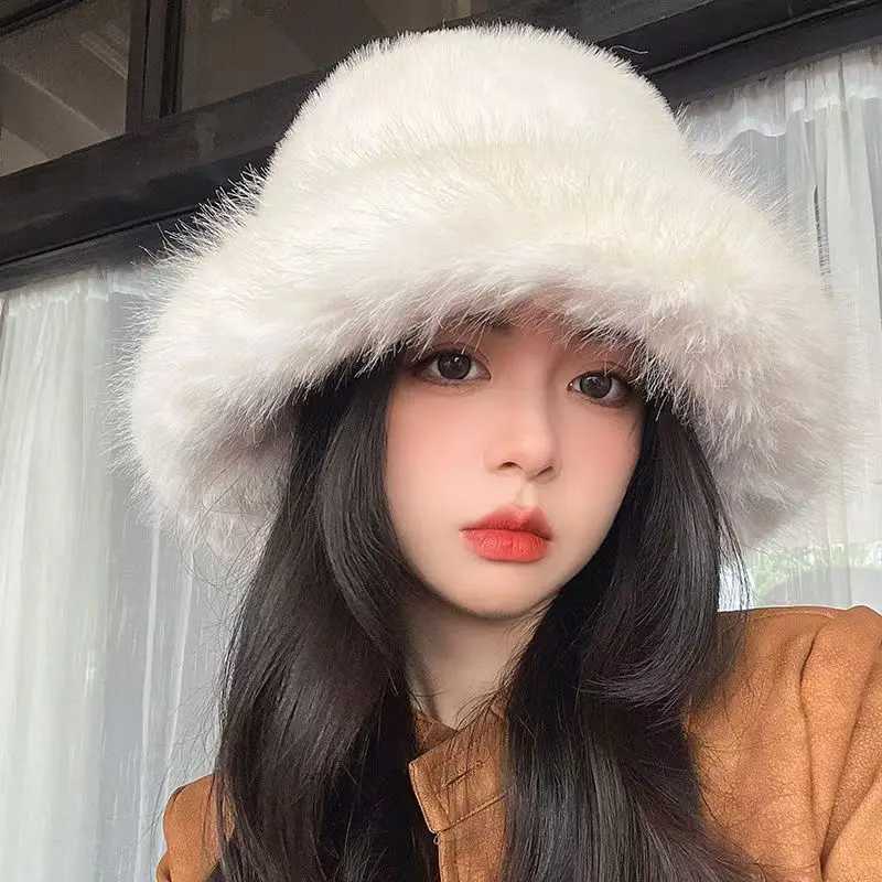 5659cm Faux Fur Hats Women Fluffy Bucket Gorgeous Dancing Wine Party Plush Black White Hat Winter Keep Thick Panama Caps InsL251024