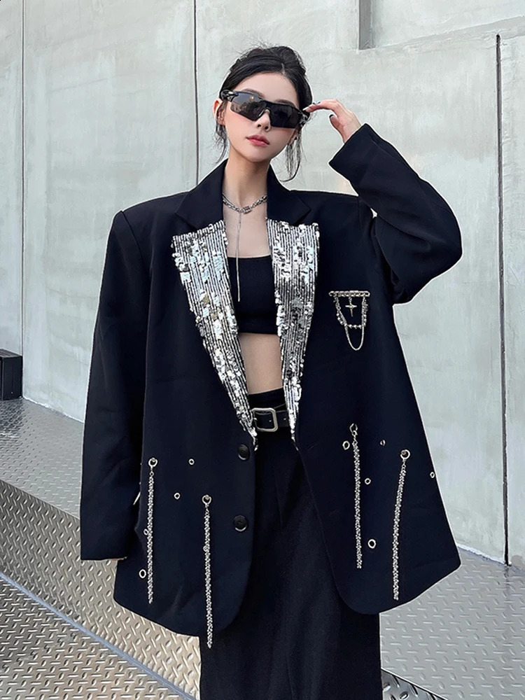 Chain sequined blazer for women Spring Autumn Notched collar long sleeve jacket Oversized Ladies INKEO 4O135 251023