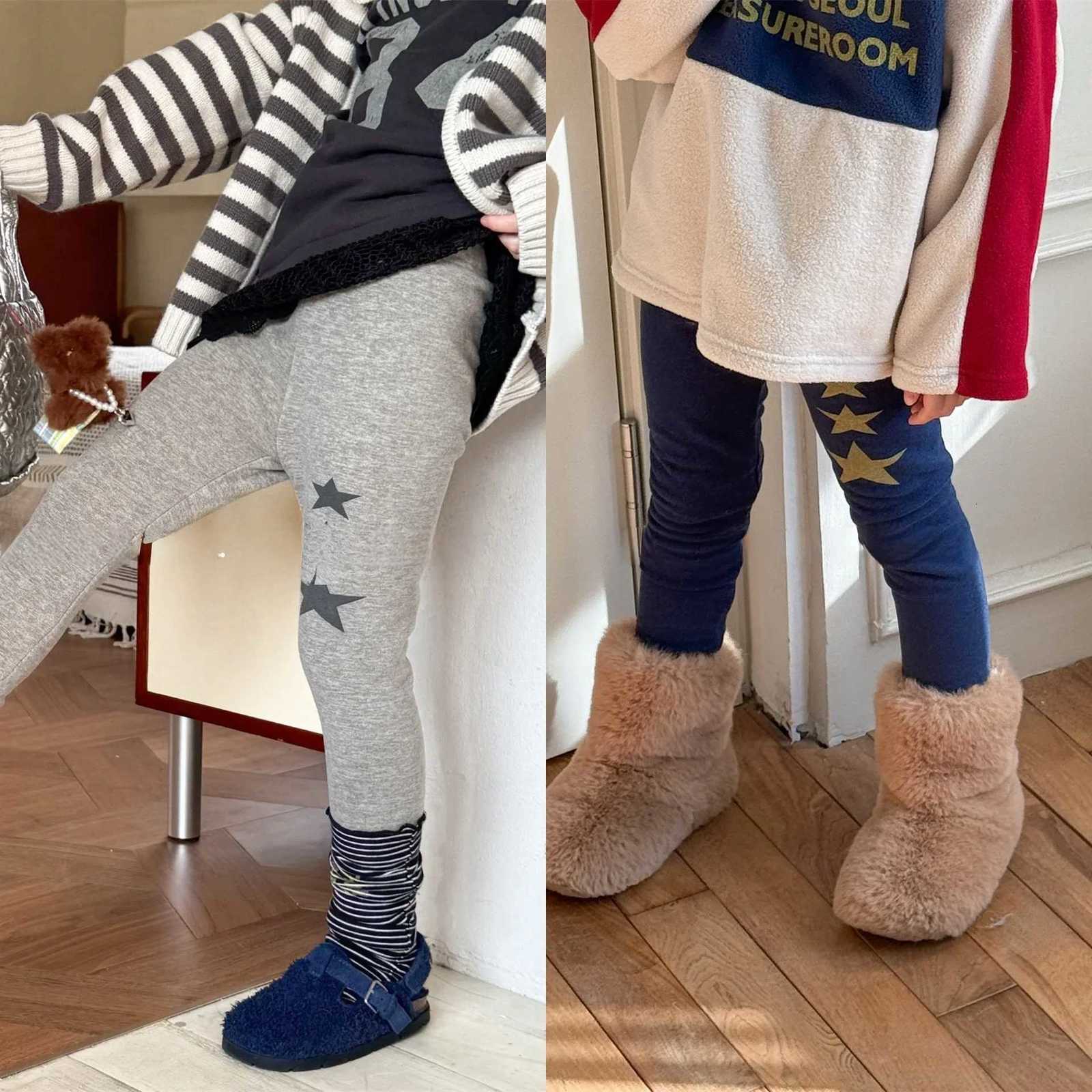2025 Winter Korean Fleece Lined Girls Leggings 16Y Kids Star Print Warm Elastic Skinny Pants for Children Girls Casual BottomsT251024