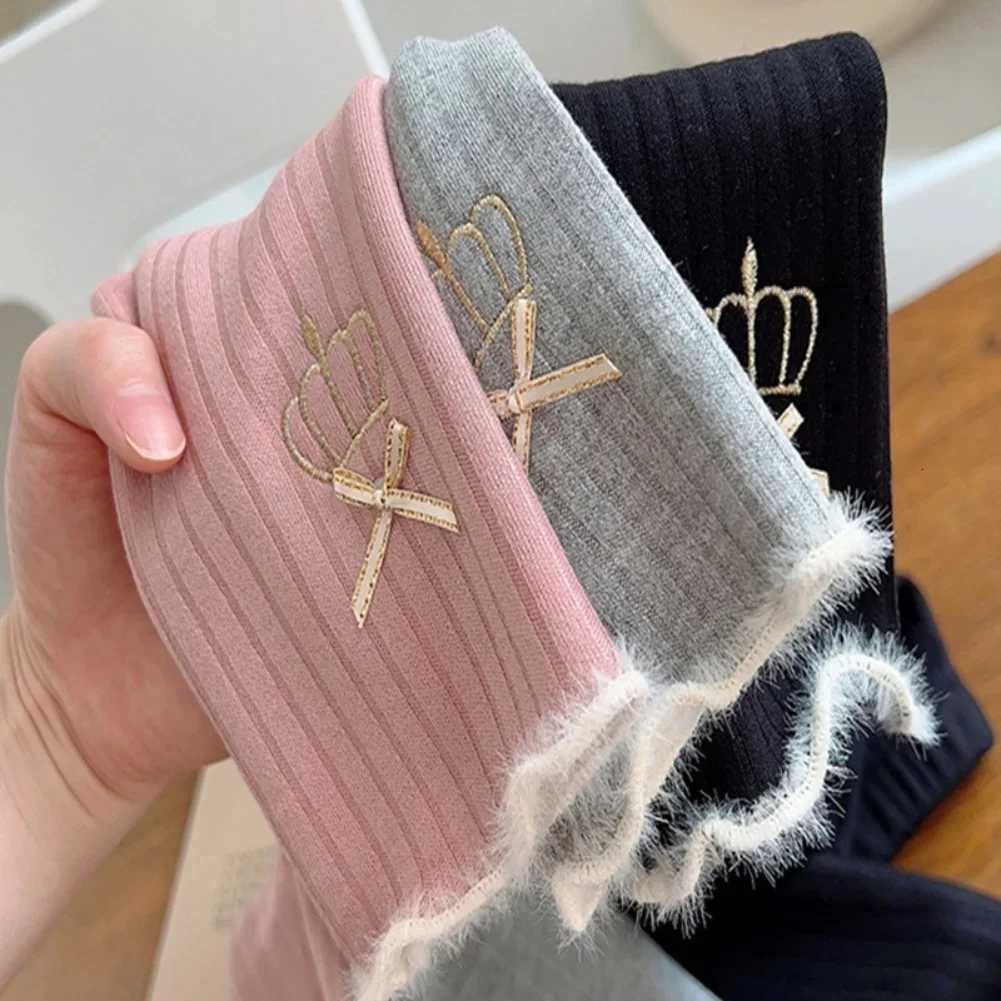 Kids Girls Leggings Winter Children Plus Velvet Warm Trousers Thick Lamb Fleece Trousers Embroidered Crown Bow PantsT251024