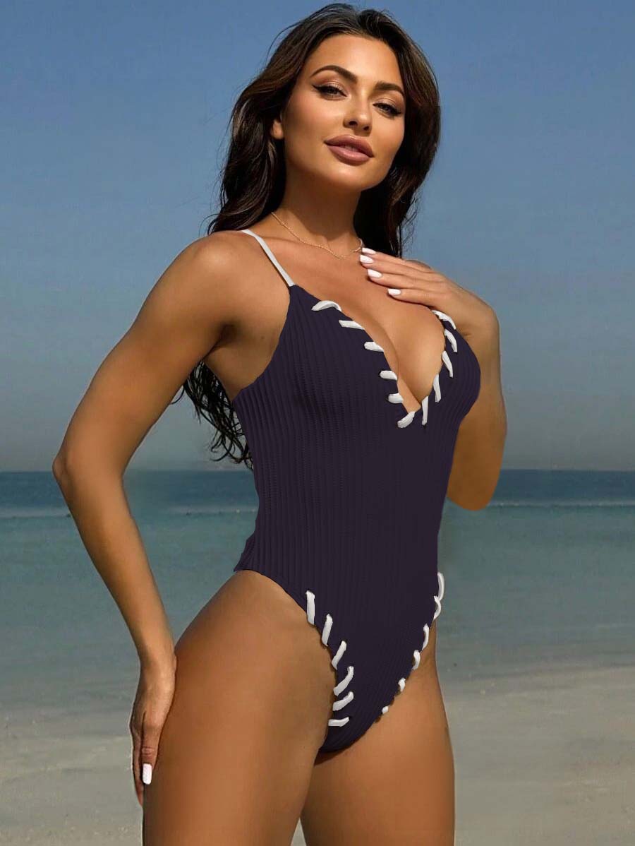 2025 European and American Black Eyed Wear Rope Color blocked Sexy One piece Strap Swimsuit Bikini Female