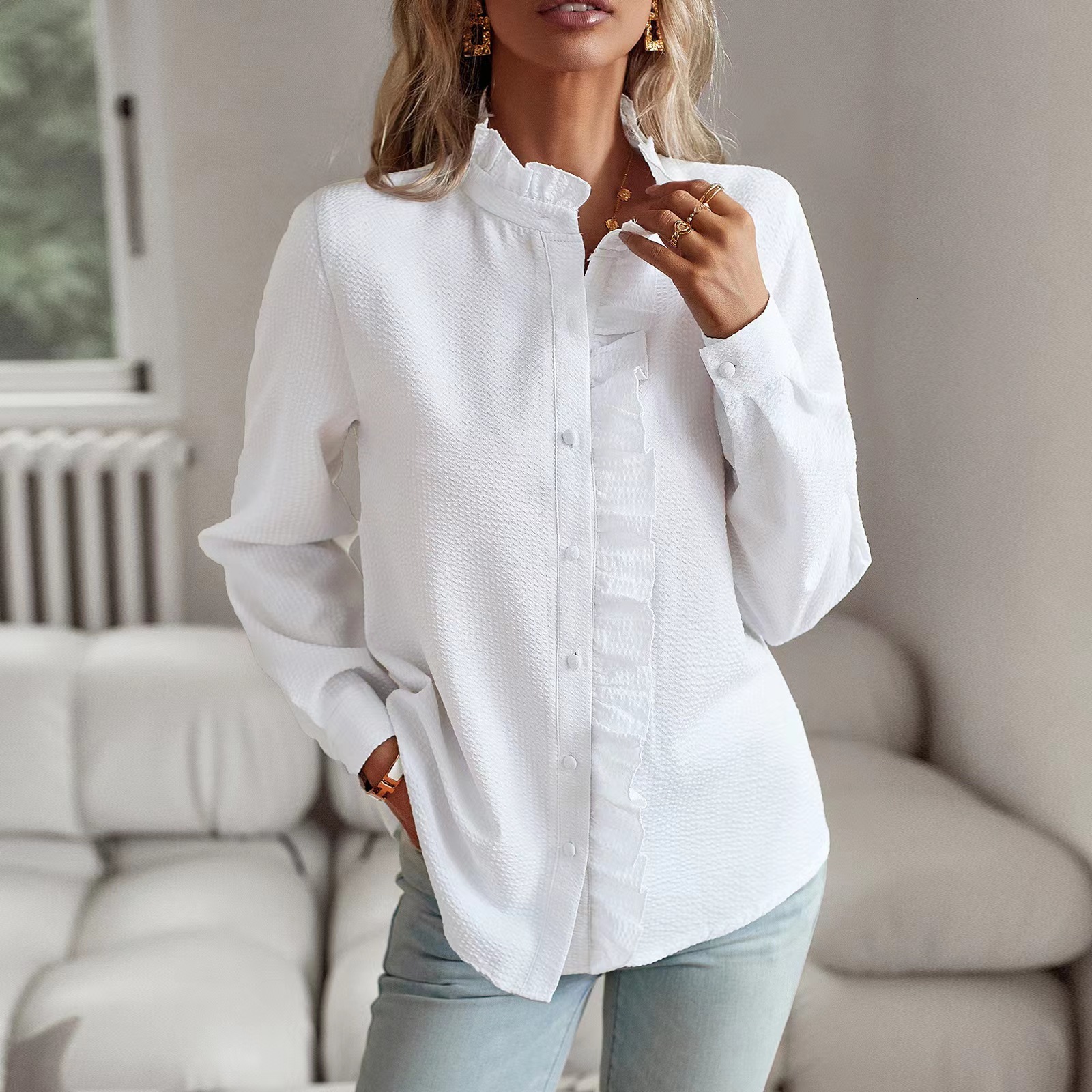 2025 New Stand Collar Autumn Ruffled Cardigan Long Sleeve Puff Top Women's Shirt